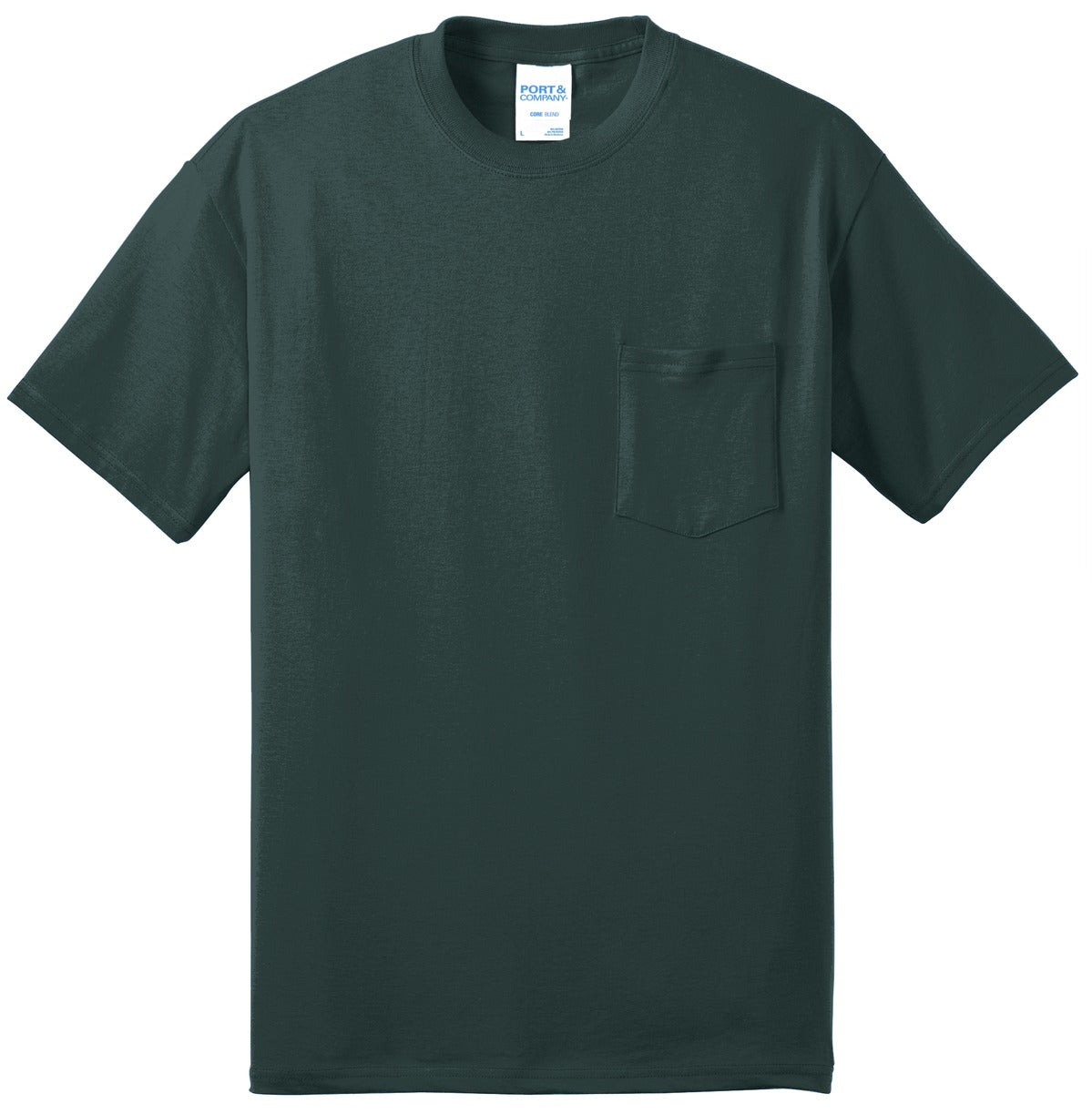 Front View of Dark Green Port & Company Tall Core Blend Pocket Tee. PC55PT