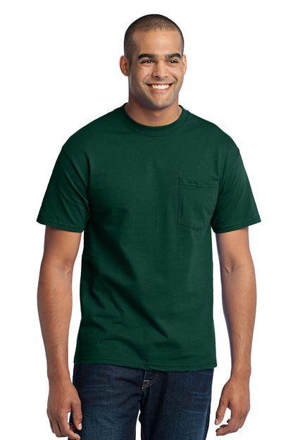 Front View of Dark Green Port & Company Tall Core Blend Pocket Tee. PC55PT