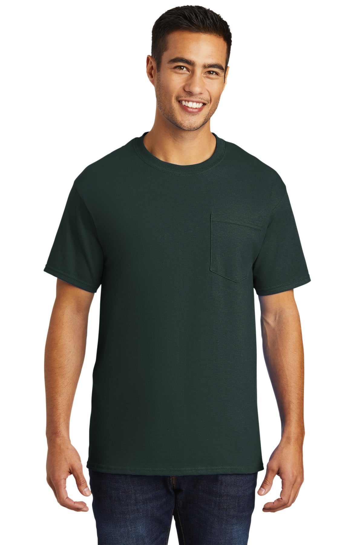 Front View of Dark Green Port & Company - Tall Essential Pocket Tee. PC61PT