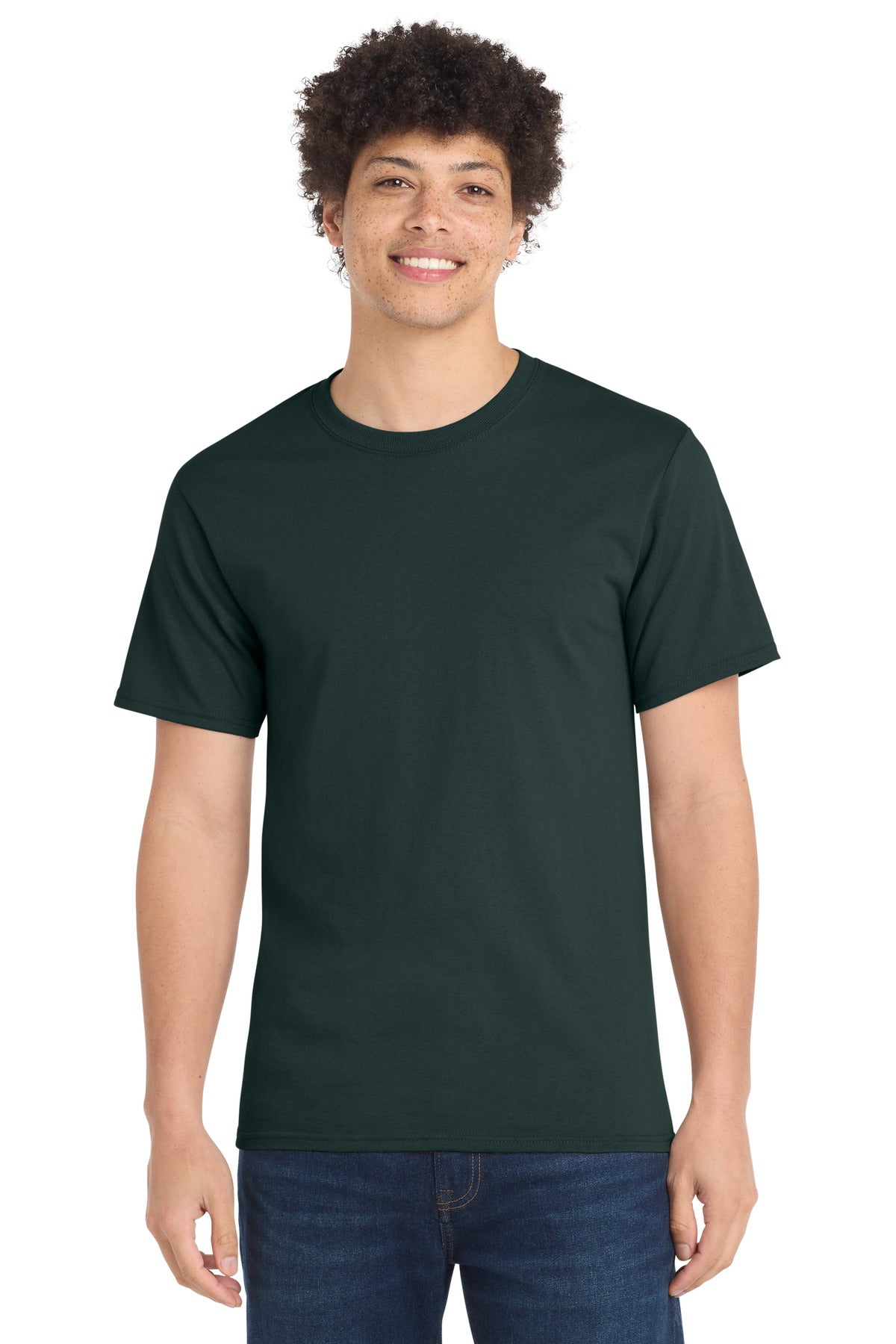Front View of Dark Green Port & Company Tall Essential Tee. PC61T