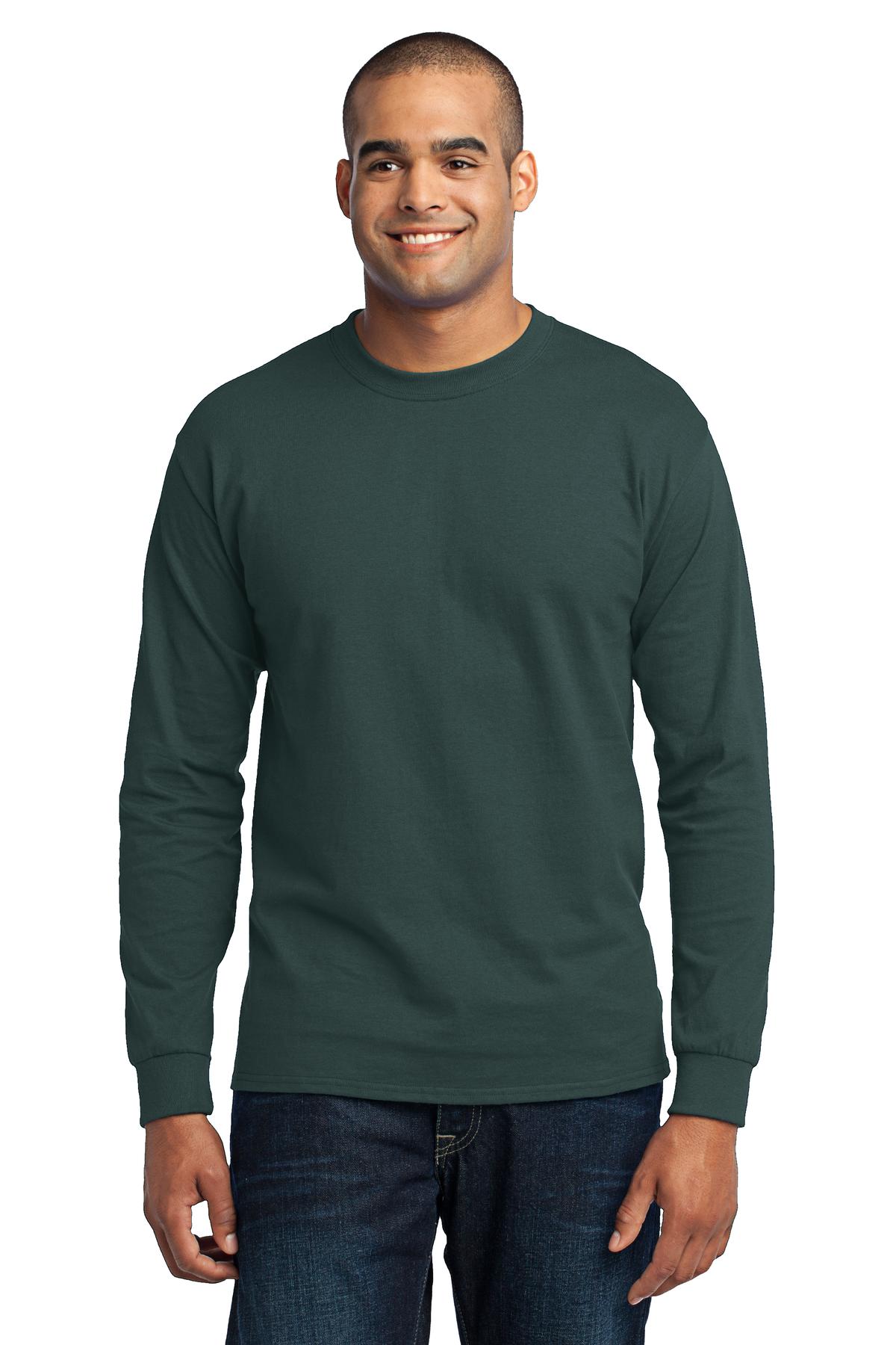 Front View of Dark Green Port & Company Tall Long Sleeve Core Blend Tee. PC55LST