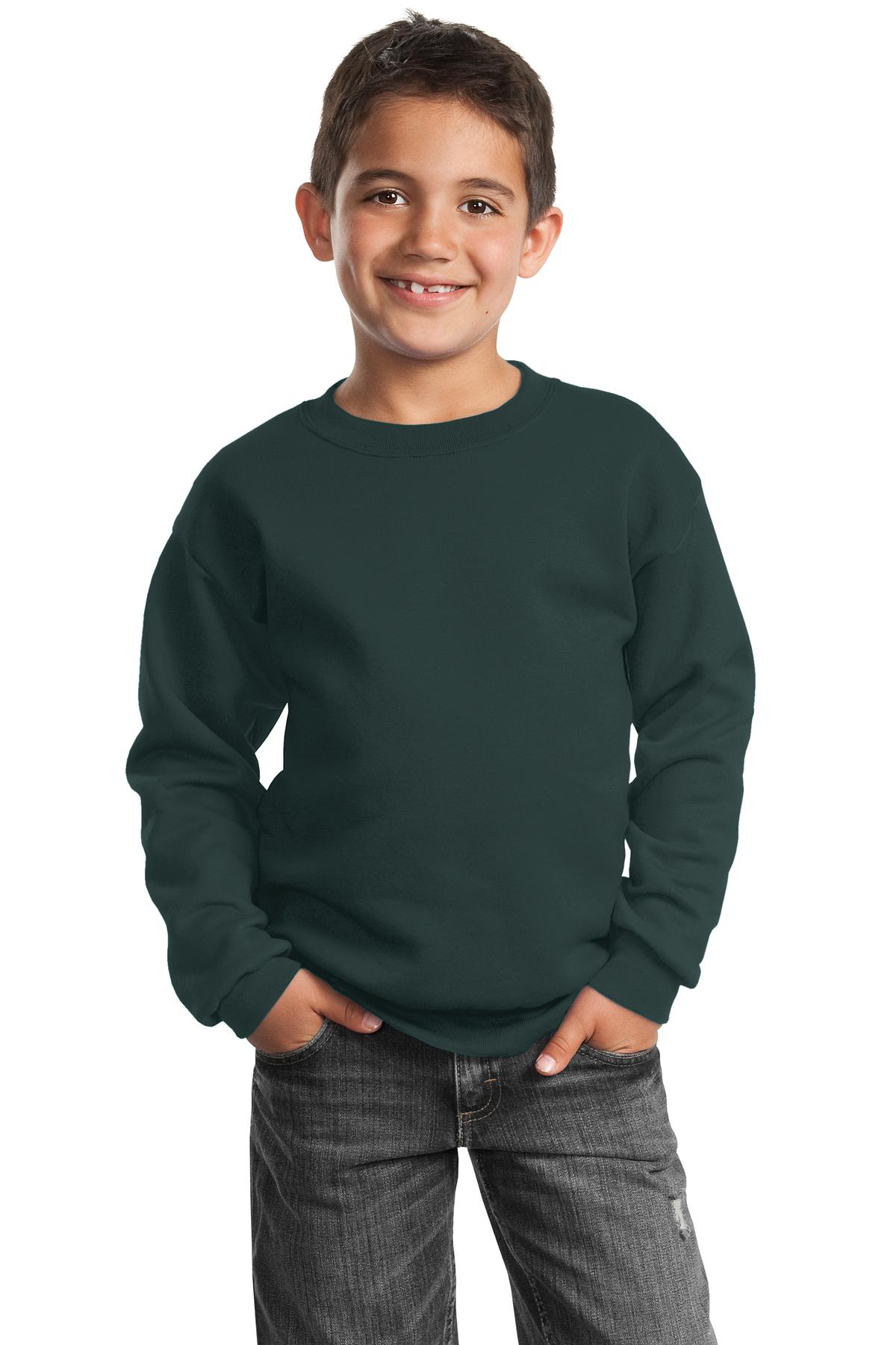 Front View of Dark Green Port & Company Youth Core Fleece Crewneck Sweatshirt. PC90Y