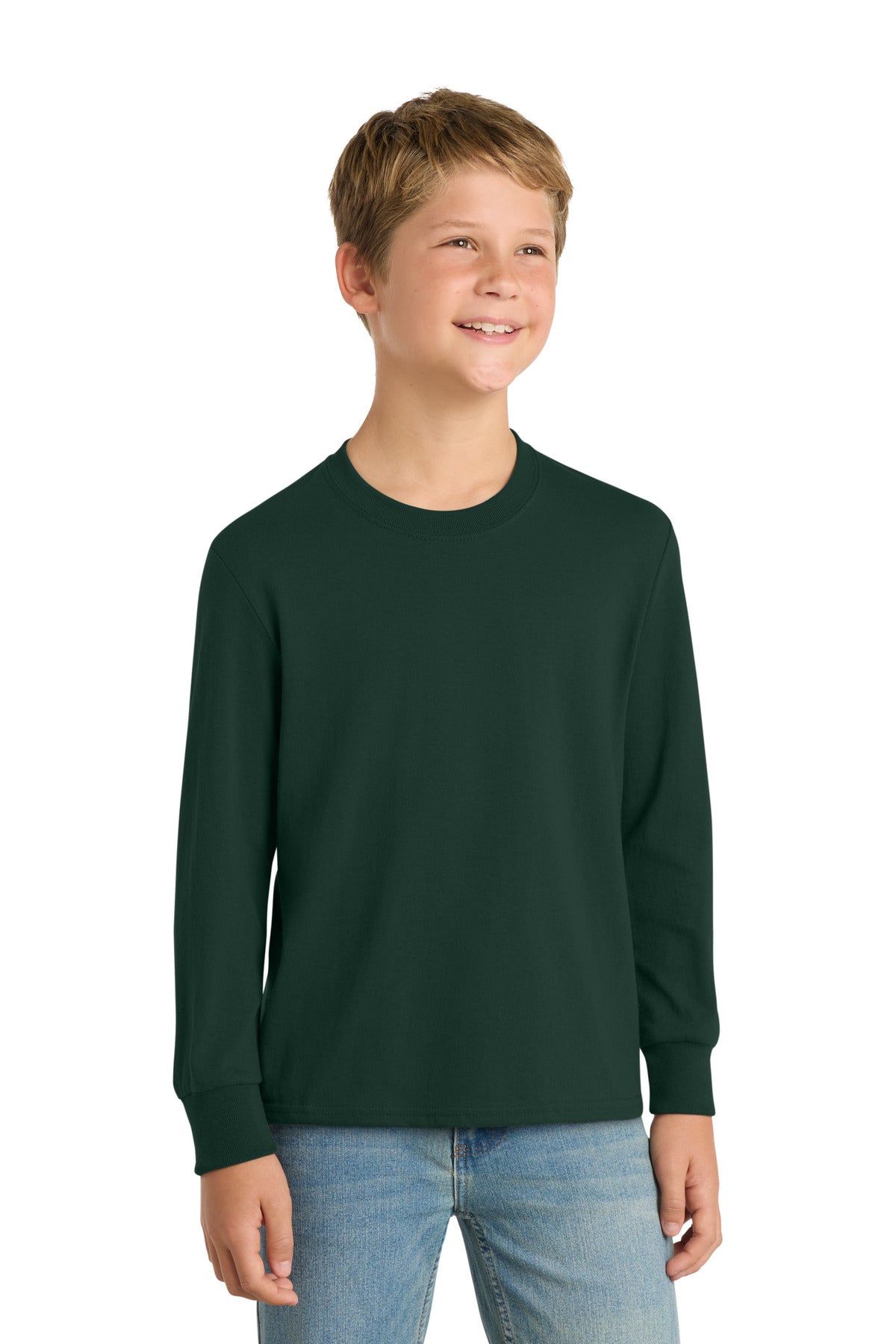 Front View of Dark Green Port & Company Youth Long Sleeve Core Cotton Tee. PC54YLS