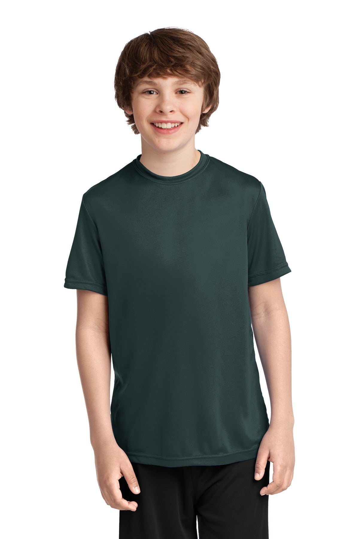 Front View of Dark Green Port & Company Youth Performance Tee. PC380Y
