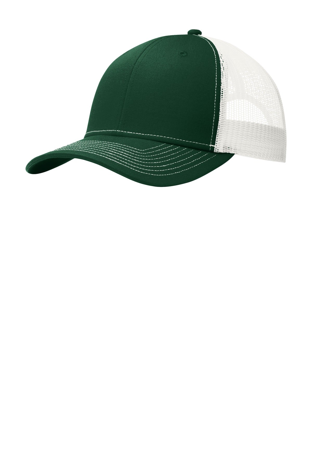 Front View of Dark Green/Wht Port Authority Snapback Trucker Cap. C112