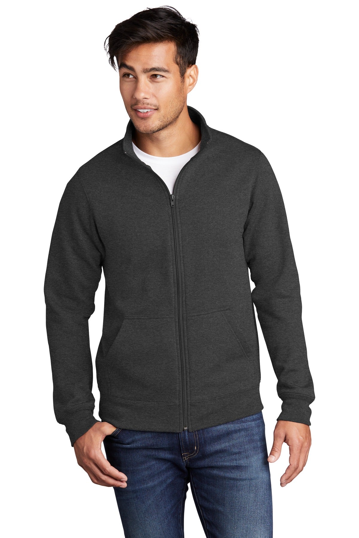 Front View of Dark Hthr Grey Port & Company Core Fleece Cadet Full-Zip Sweatshirt PC78FZ