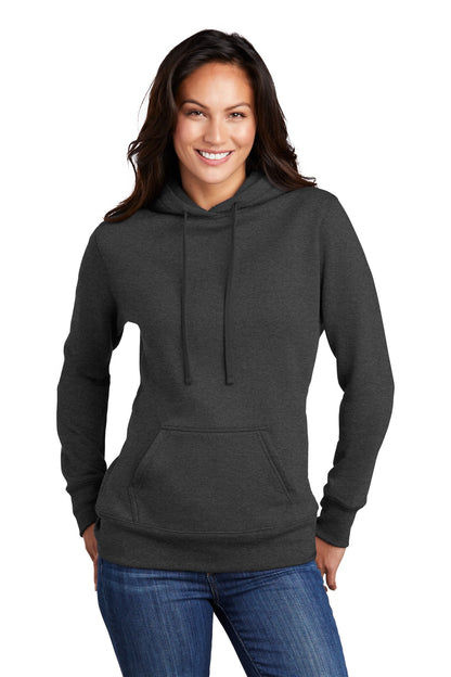 Front View of Dark Hthr Grey Port & Company Women's Core Fleece Pullover Hooded Sweatshirt LPC78H
