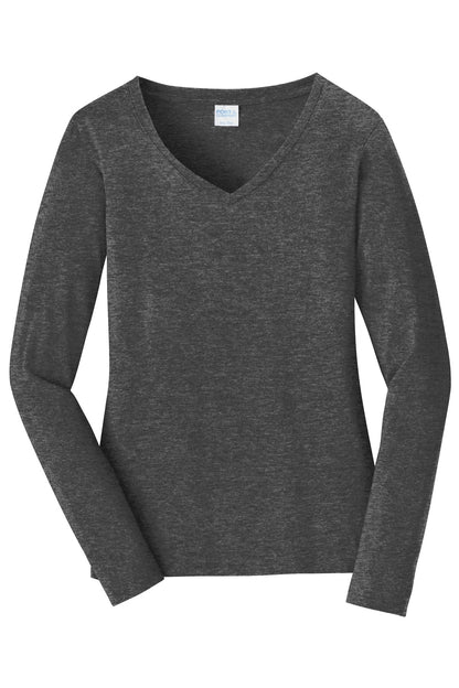 Front View of Dark Hthr Grey Port & Company Women's Long Sleeve Fan Favorite V-Neck Tee. LPC450VLS