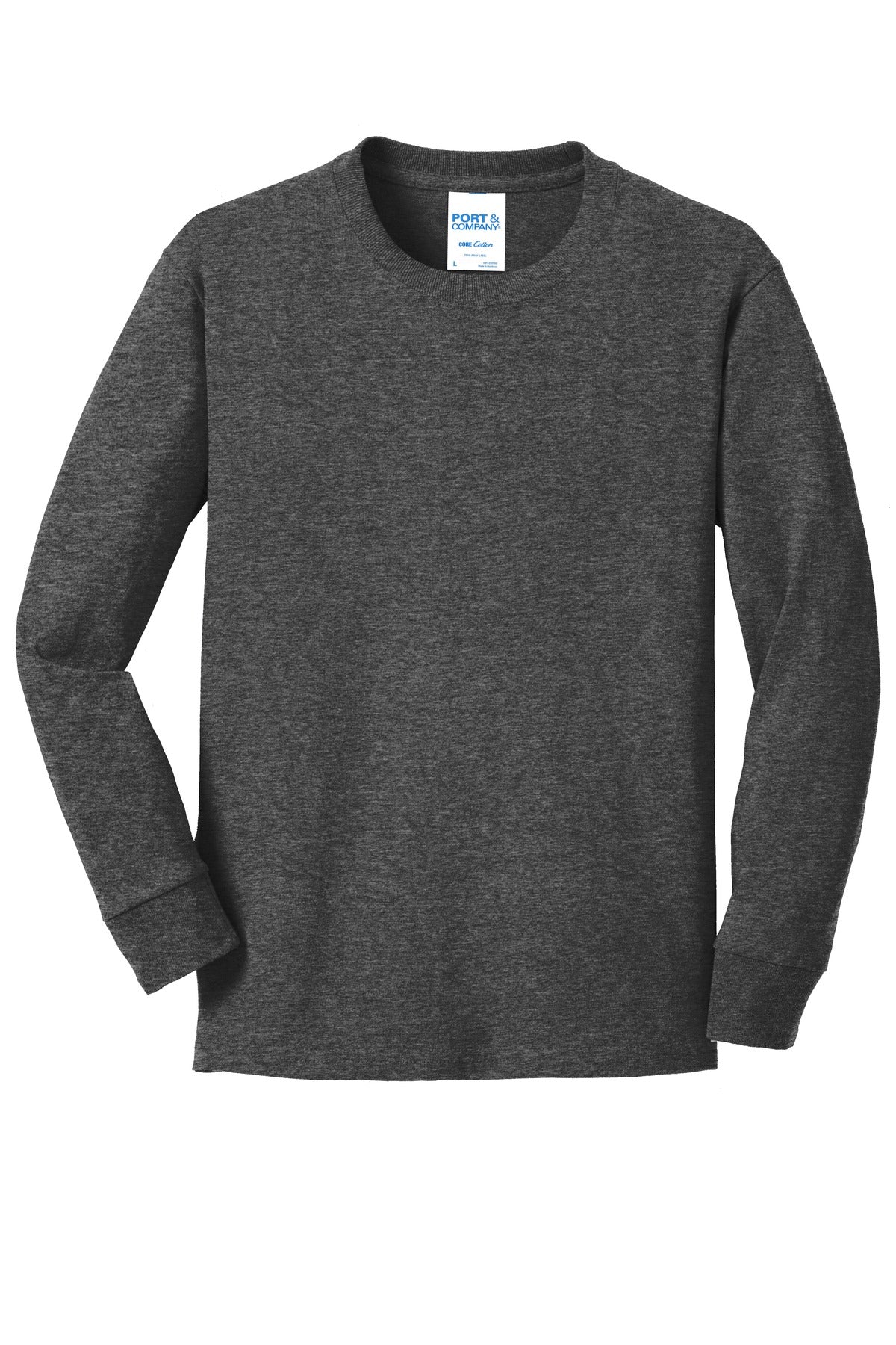 Front View of Dark Hthr Grey Port & Company Youth Long Sleeve Core Cotton Tee. PC54YLS