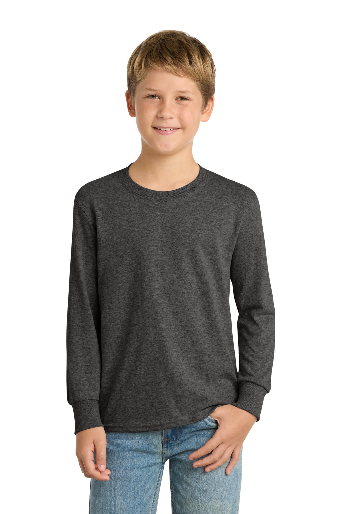 Front View of Dark Hthr Grey Port & Company Youth Long Sleeve Core Cotton Tee. PC54YLS