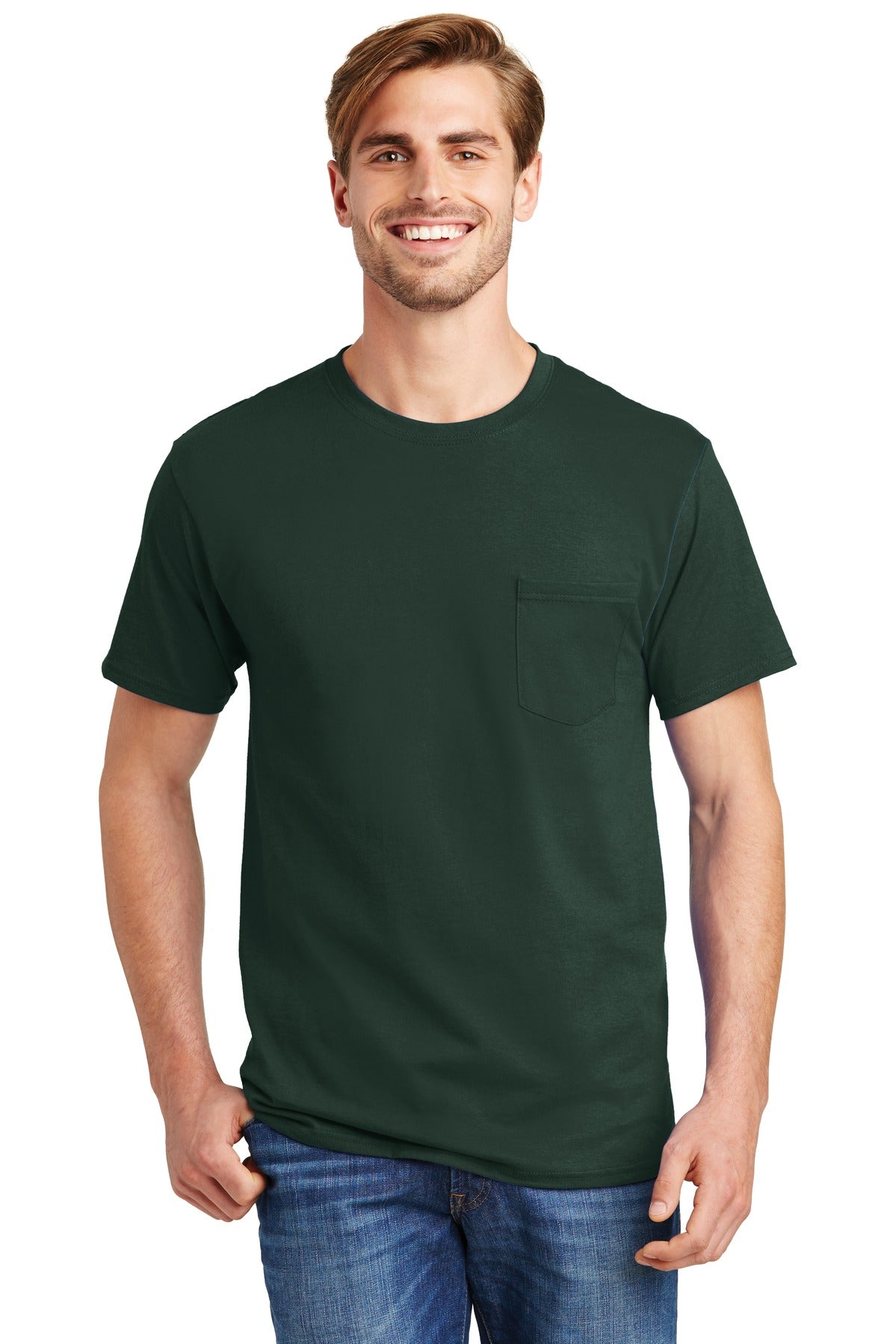 Front View of Deep Forest Hanes - Authentic 100% Cotton T-Shirt with Pocket. 5590