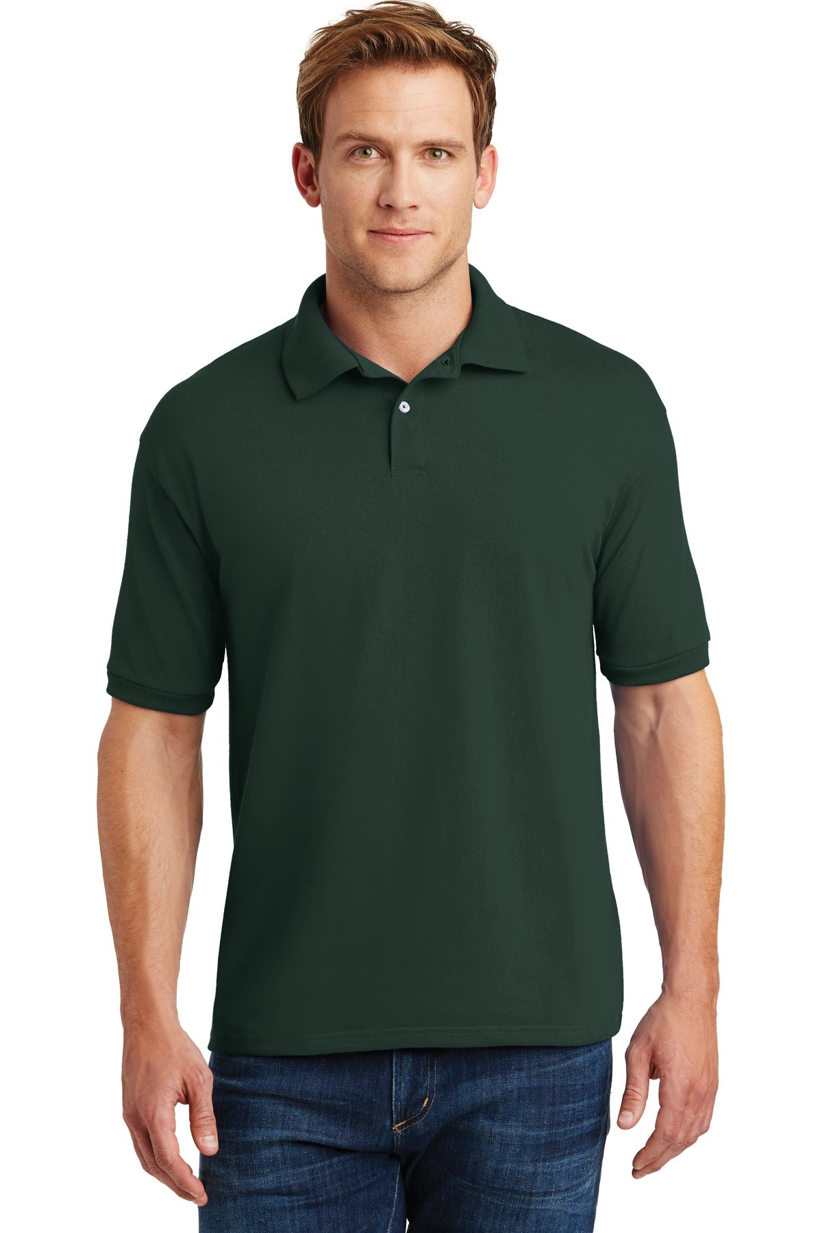 Front View of Deep Forest Hanes EcoSmart - 5.2-Ounce Jersey Knit Sport Shirt 054X