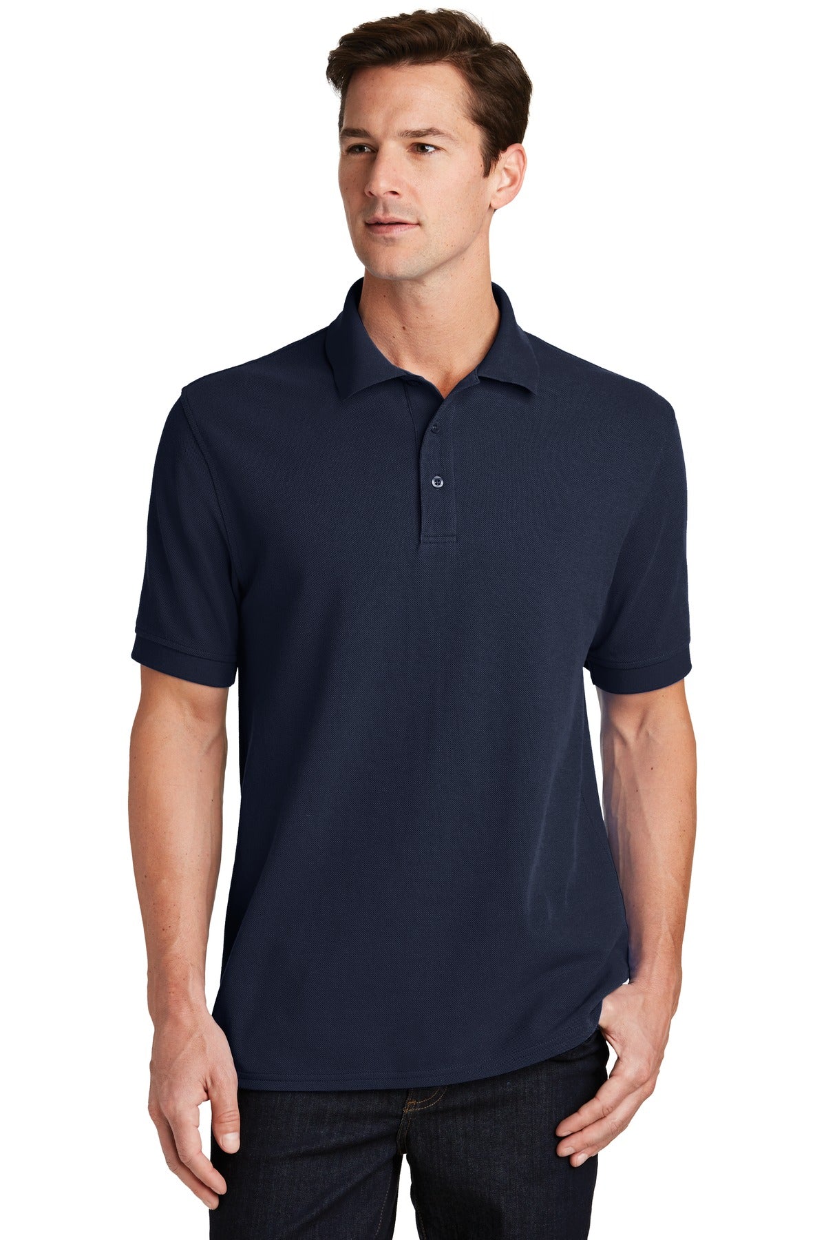 Front View of Deep Navy Port & Company Combed Ring Spun Pique Polo. KP1500