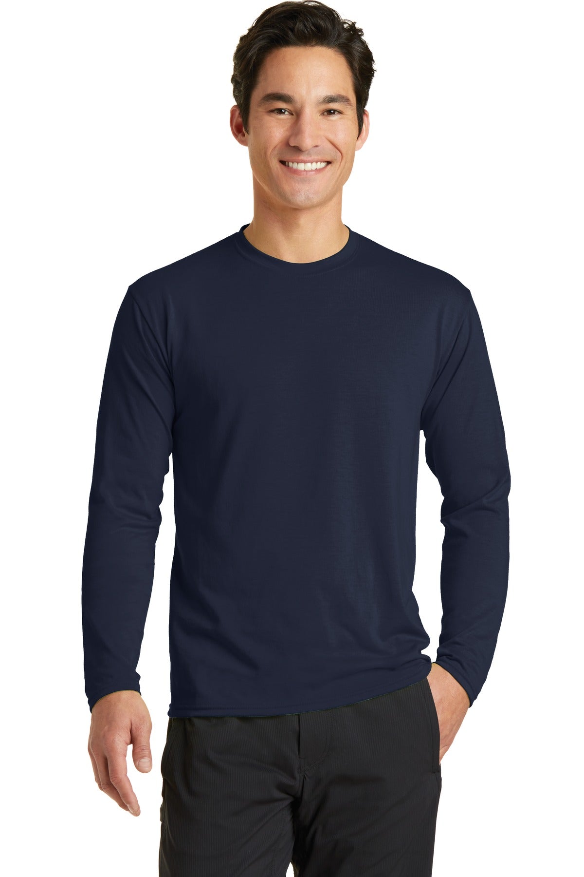 Front View of Deep Navy Port & Company Long Sleeve Performance Blend Tee. PC381LS