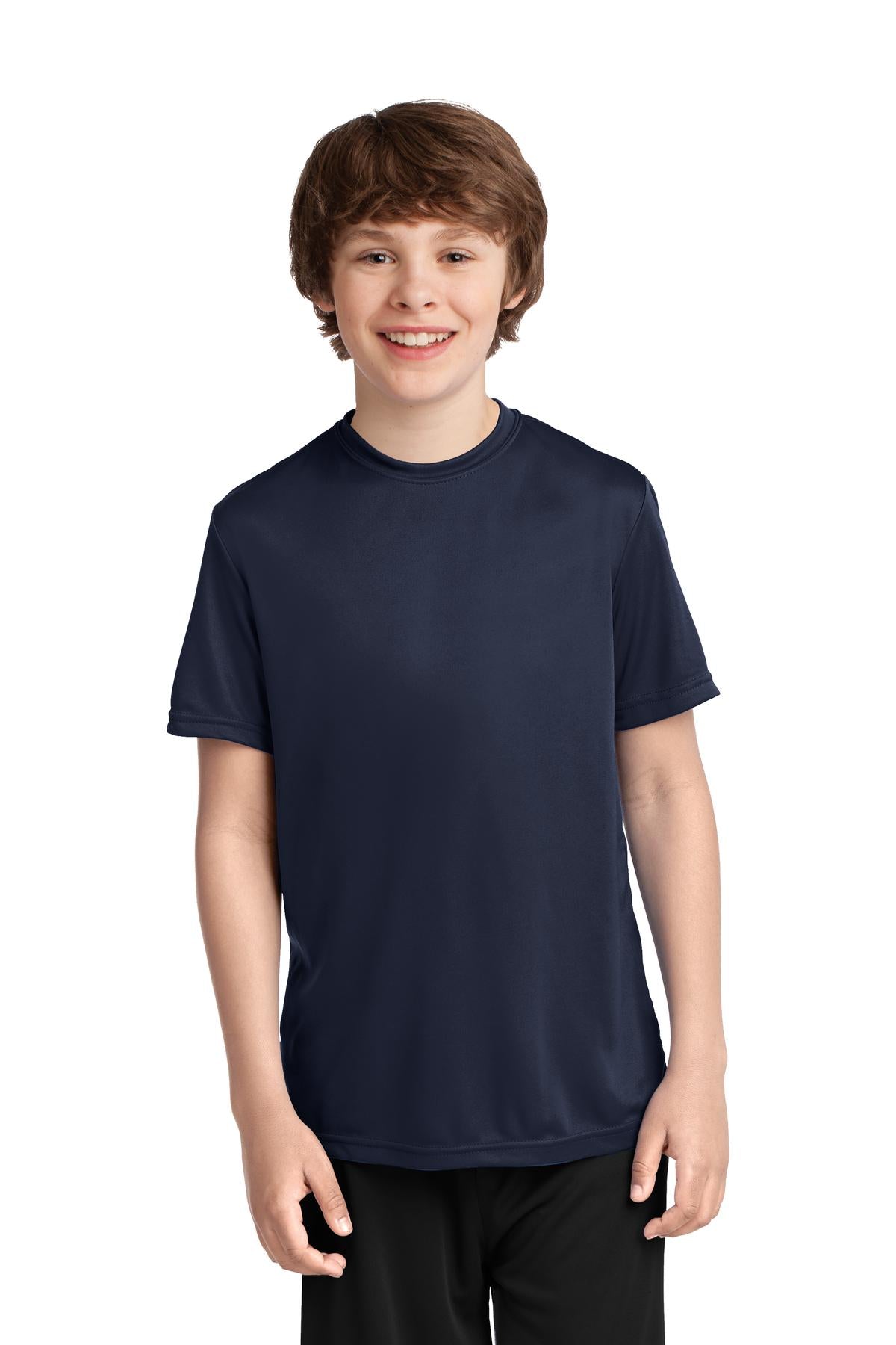 Front View of Deep Navy Port & Company Youth Performance Tee. PC380Y