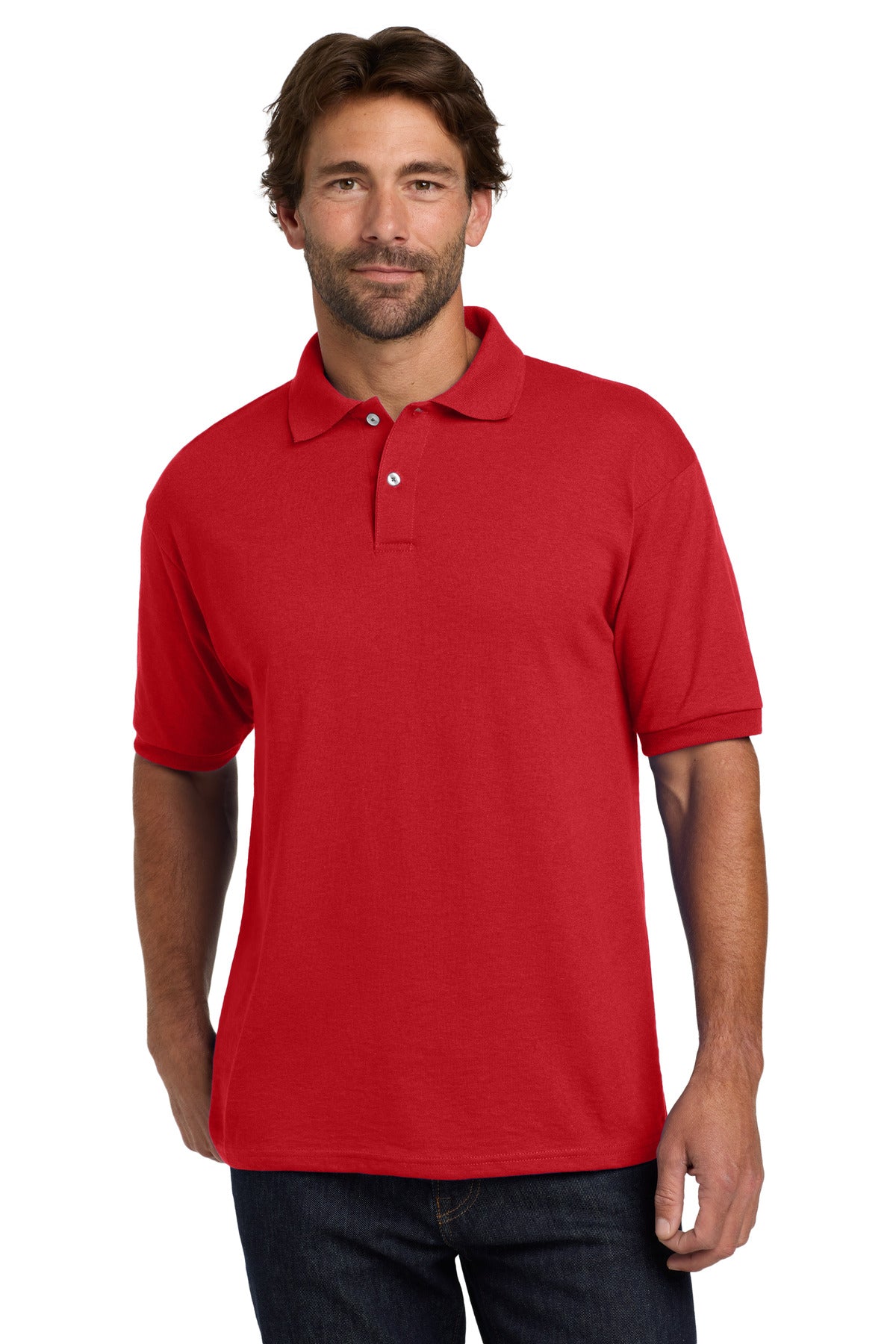 Front View of Deep Red Hanes EcoSmart - 5.2-Ounce Jersey Knit Sport Shirt 054X