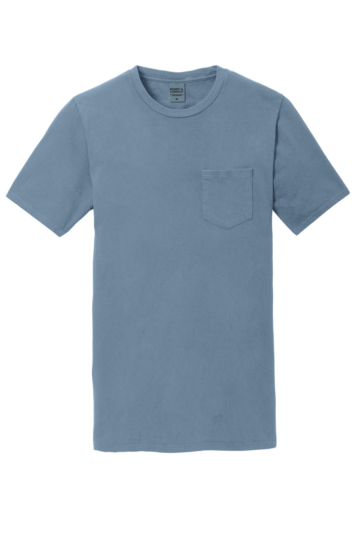 Front View of Denim Blue Port & Company Beach Wash Garment-Dyed Pocket Tee. PC099P