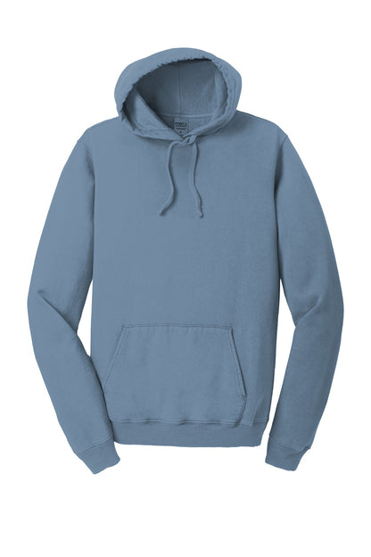 Front View of Denim Blue Port & Company Beach Wash Garment-Dyed Pullover Hooded Sweatshirt. PC098H