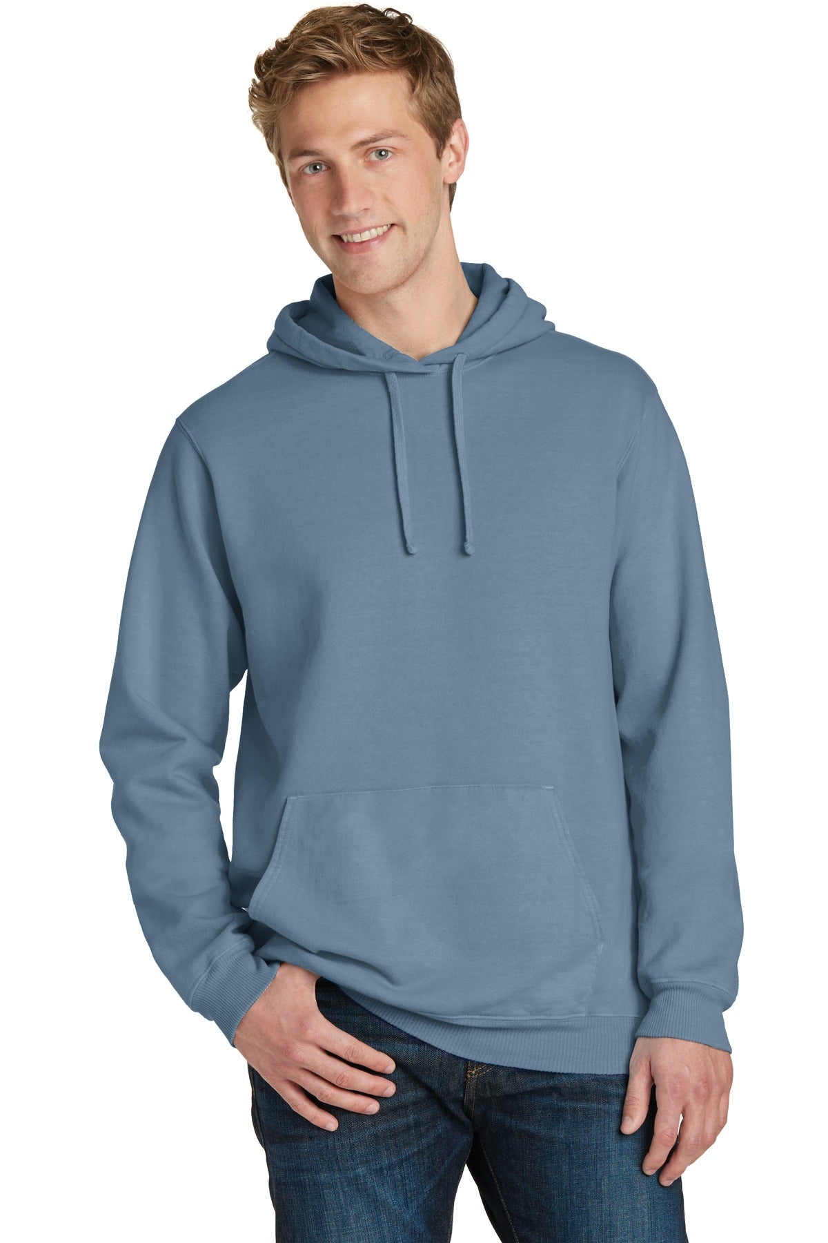 Front View of Denim Blue Port & Company Beach Wash Garment-Dyed Pullover Hooded Sweatshirt. PC098H