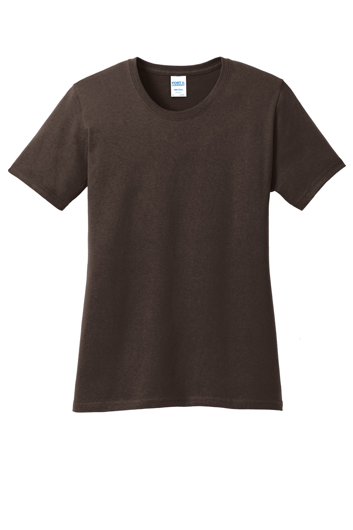 Front View of Dk Choc Brown Port & Company Women's Core Cotton Tee. LPC54