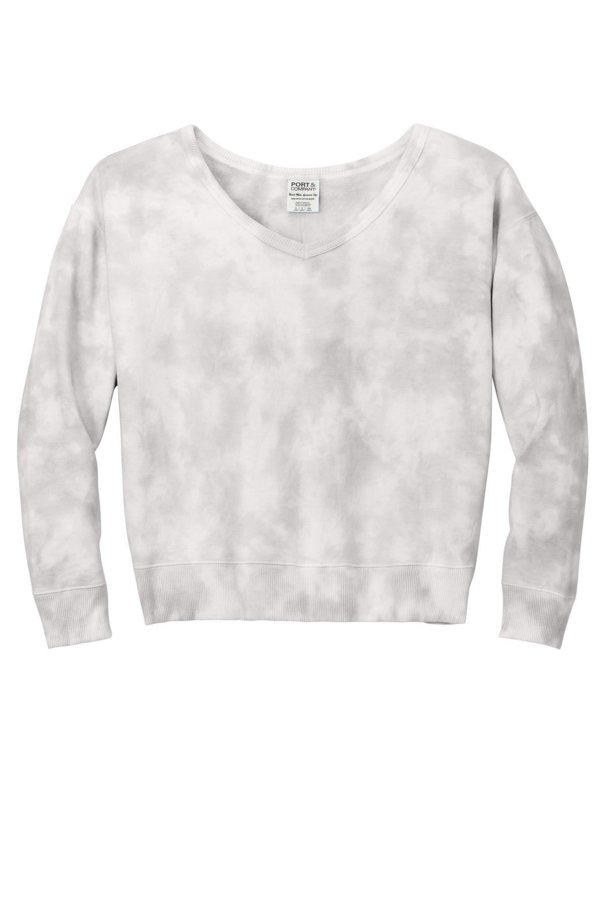 Front View of DoveGrey Port & Company Women's Beach Wash Cloud Tie-Dye V-Neck Sweatshirt LPC140V