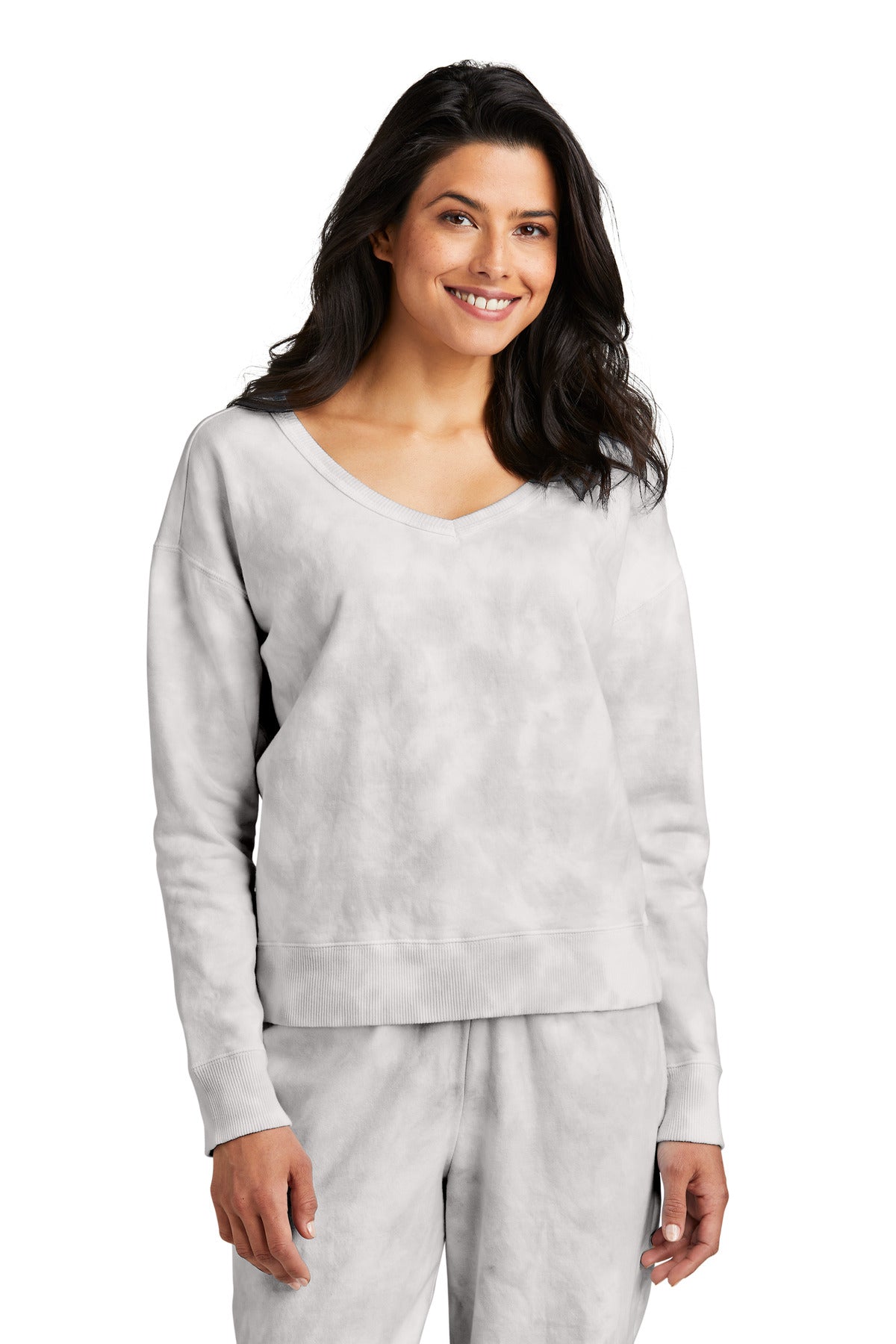 Front View of DoveGrey Port & Company Women's Beach Wash Cloud Tie-Dye V-Neck Sweatshirt LPC140V