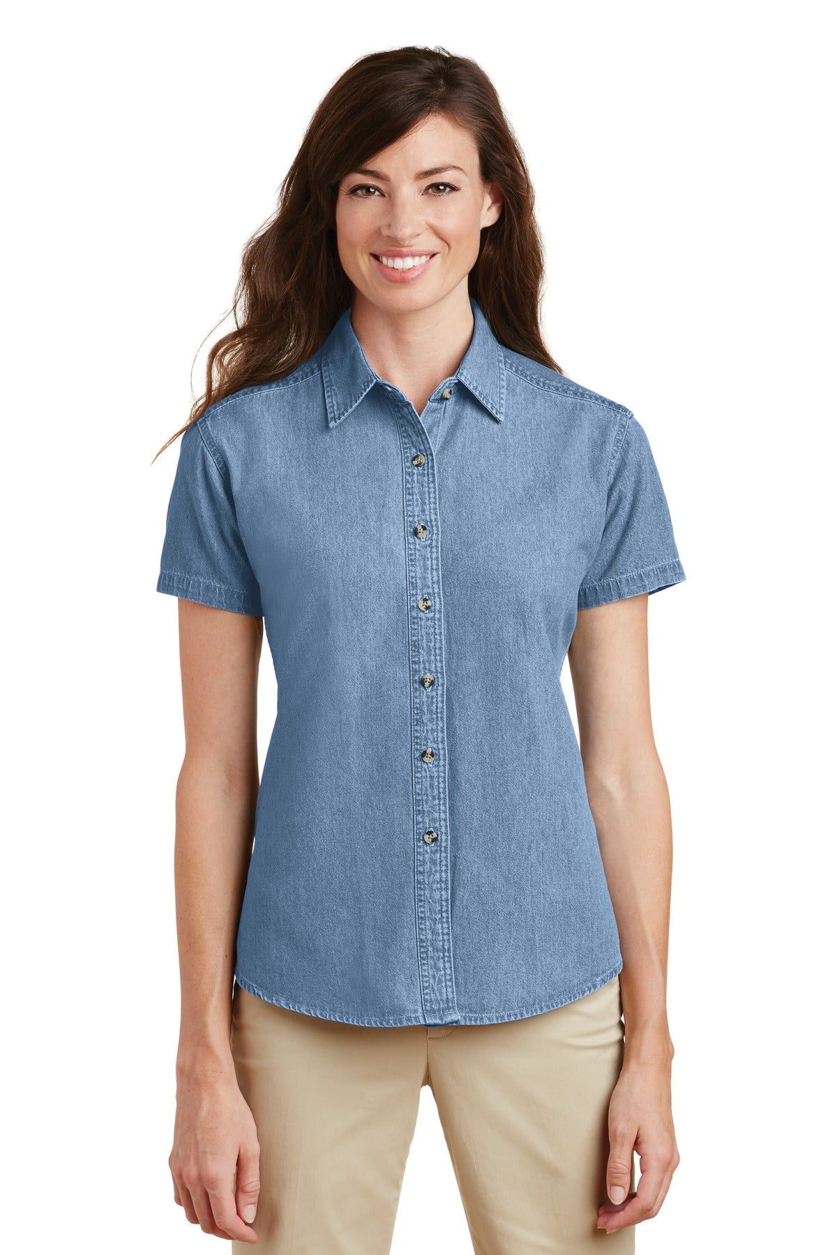 Front View of Faded Blue Port & Company Women's Short Sleeve Value Denim Shirt. LSP11