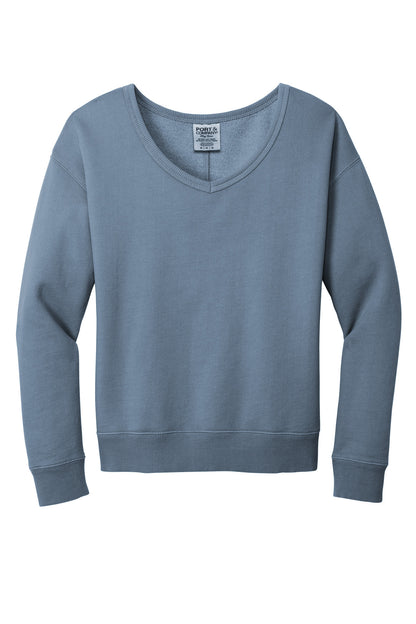 Front View of FadedDenim Port & Company Women's Beach Wash Garment-Dyed V-Neck Sweatshirt LPC098V