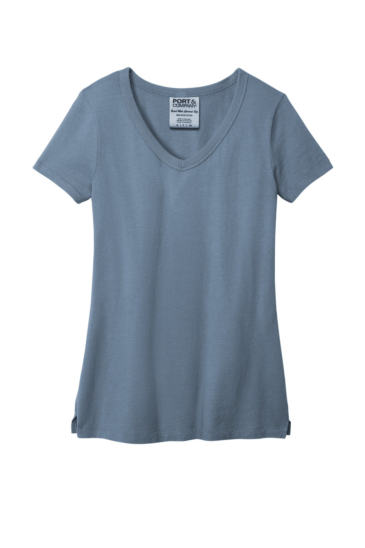 Front View of FadedDenim Port & Company Women's Beach Wash Garment-Dyed V-Neck Tee LPC099V