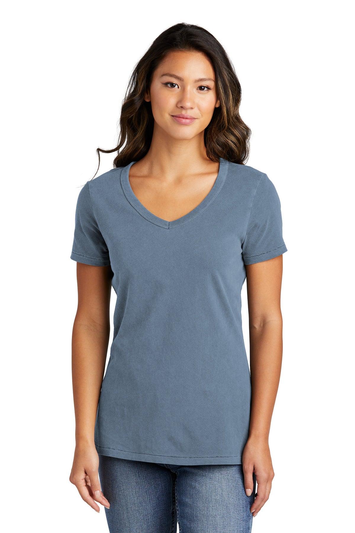 Front View of FadedDenim Port & Company Women's Beach Wash Garment-Dyed V-Neck Tee LPC099V