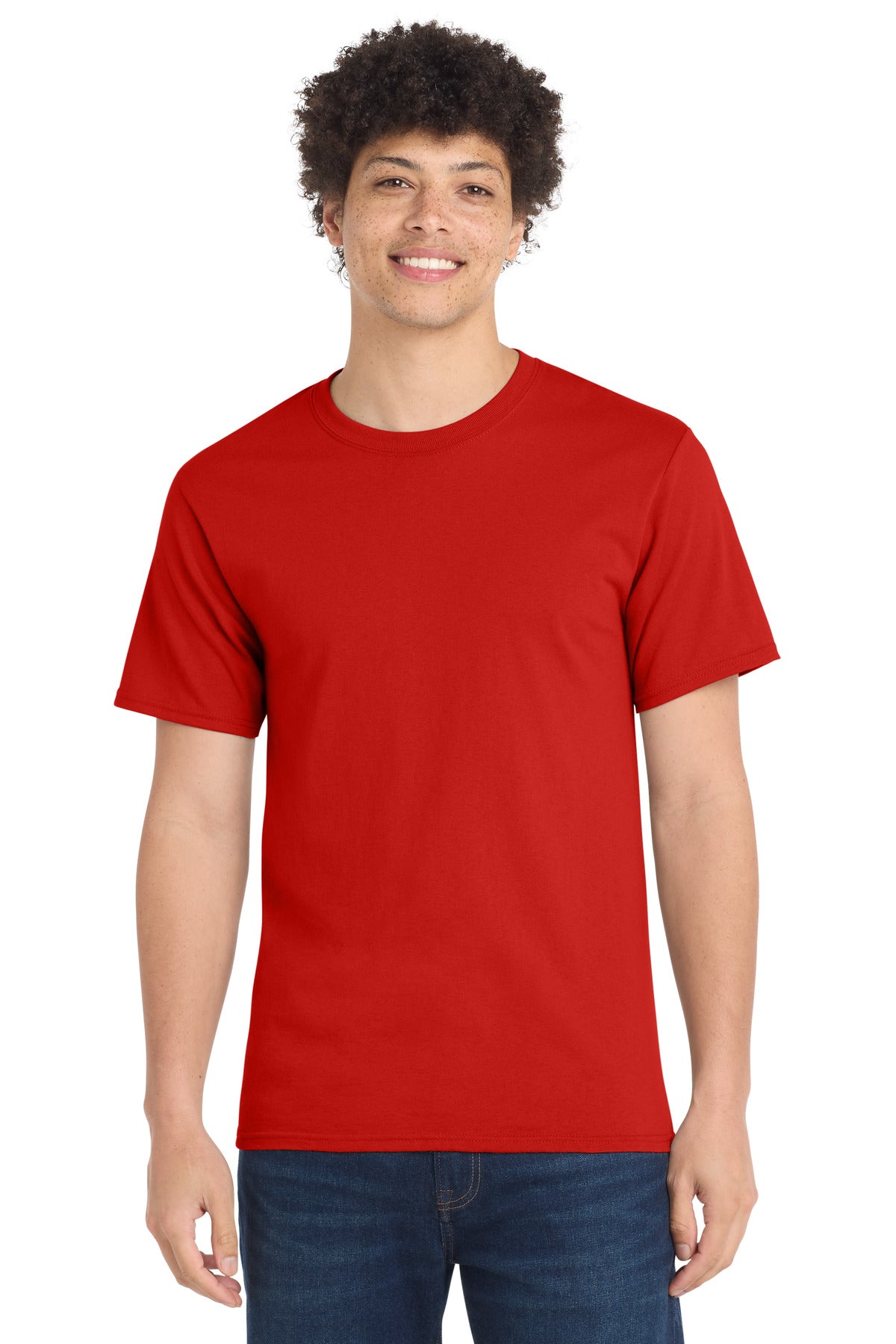 Front View of Fiery Red Port & Company Tall Essential Tee. PC61T