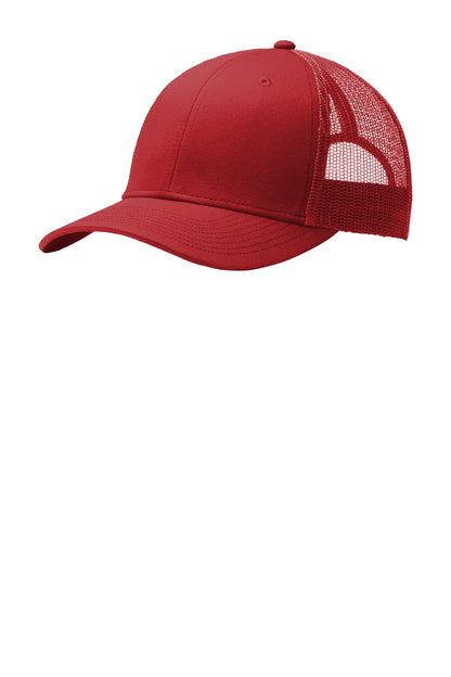 Front View of Flame Red Port Authority Snapback Trucker Cap. C112