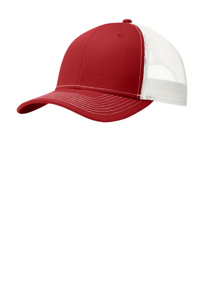 Front View of Flame Red/Wht Port Authority Snapback Trucker Cap. C112