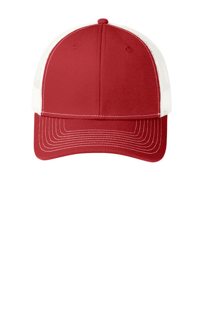 Front View of Flame Red/Wht Port Authority Snapback Trucker Cap. C112