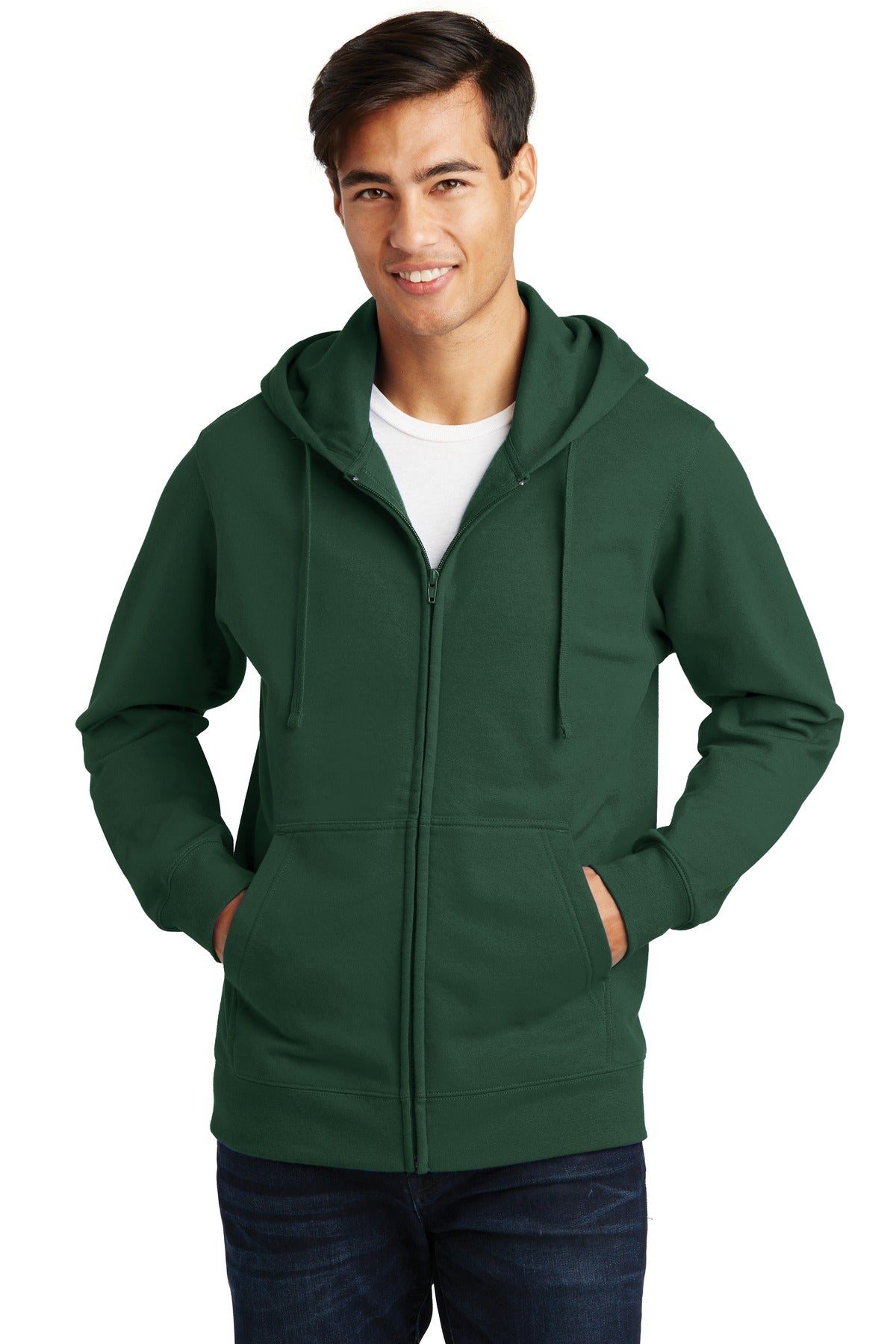 Front View of Forest Green Port & Company Fan Favorite Fleece Full-Zip Hooded Sweatshirt. PC850ZH