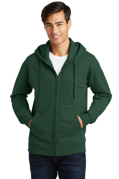 Front View of Forest Green Port & Company Fan Favorite Fleece Full-Zip Hooded Sweatshirt. PC850ZH
