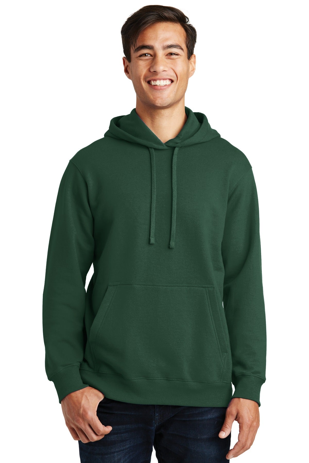 Front View of Forest Green Port & Company Fan Favorite Fleece Pullover Hooded Sweatshirt. PC850H