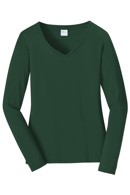 Front View of Forest Green Port & Company Women's Long Sleeve Fan Favorite V-Neck Tee. LPC450VLS