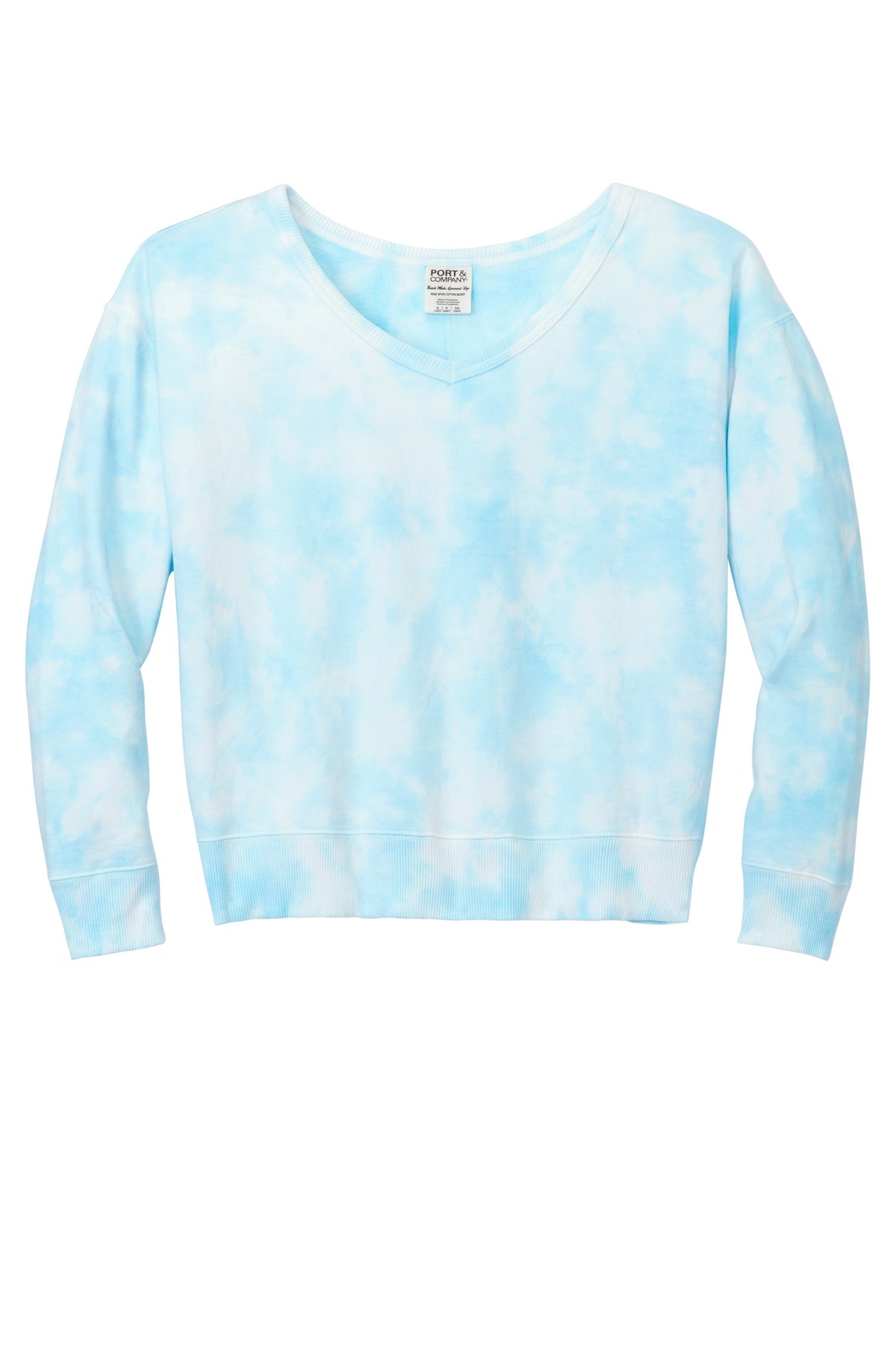 Front View of Glacier Port & Company Women's Beach Wash Cloud Tie-Dye V-Neck Sweatshirt LPC140V