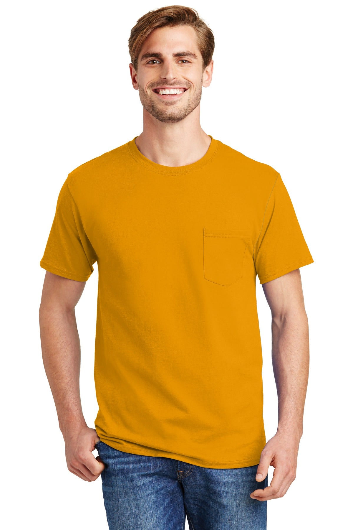 Front View of Gold Hanes - Authentic 100% Cotton T-Shirt with Pocket. 5590