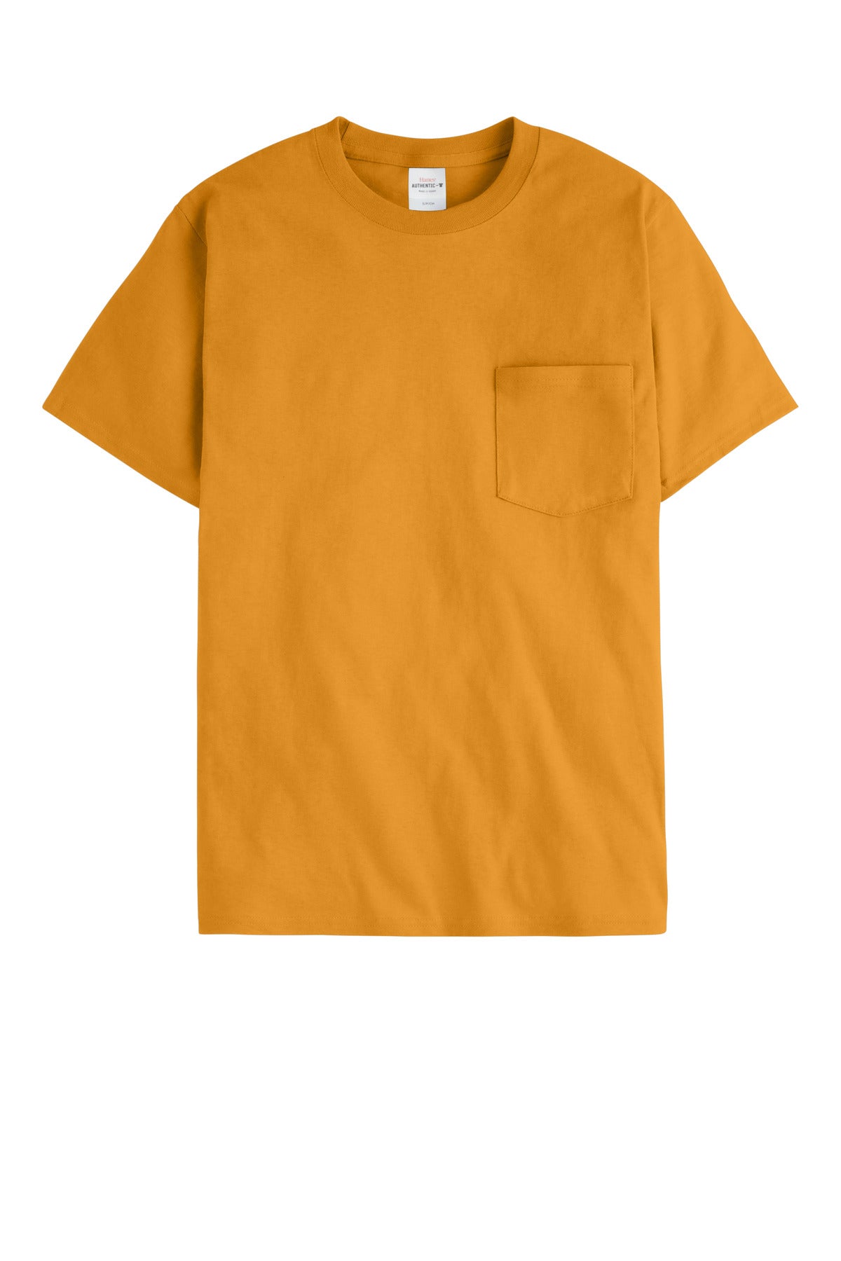 Front View of Gold Hanes - Authentic 100% Cotton T-Shirt with Pocket. 5590