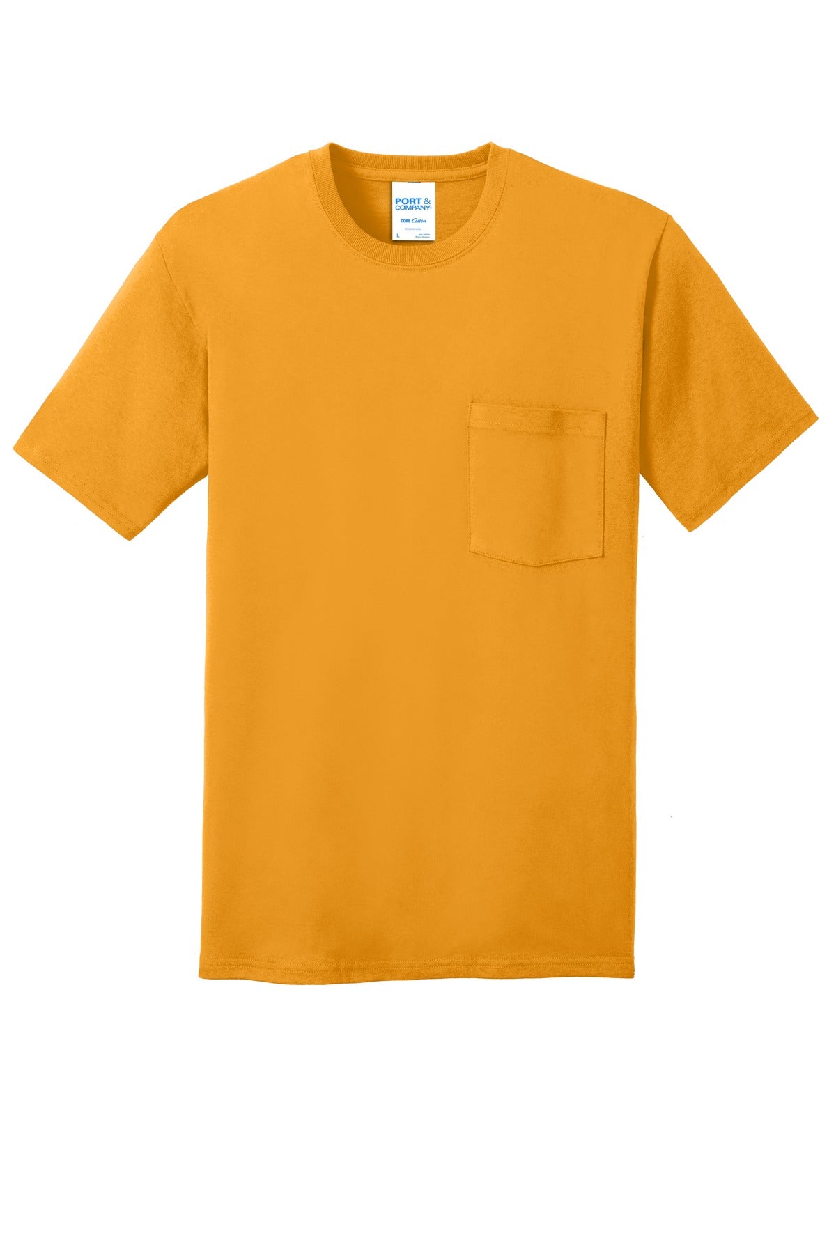 Front View of Gold Port & Company Core Cotton Pocket Tee. PC54P