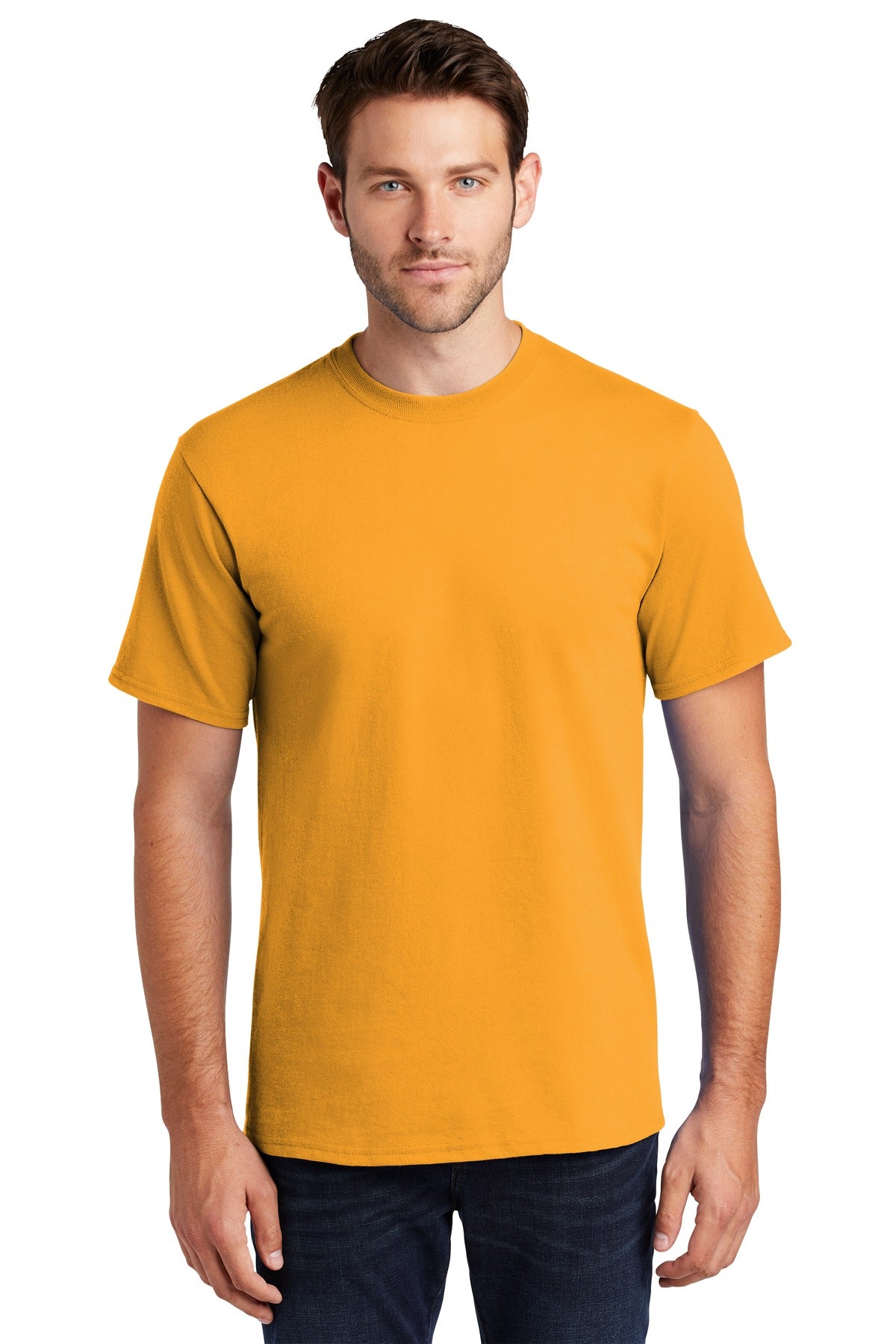 Front View of Gold Port & Company Tall Essential Tee. PC61T
