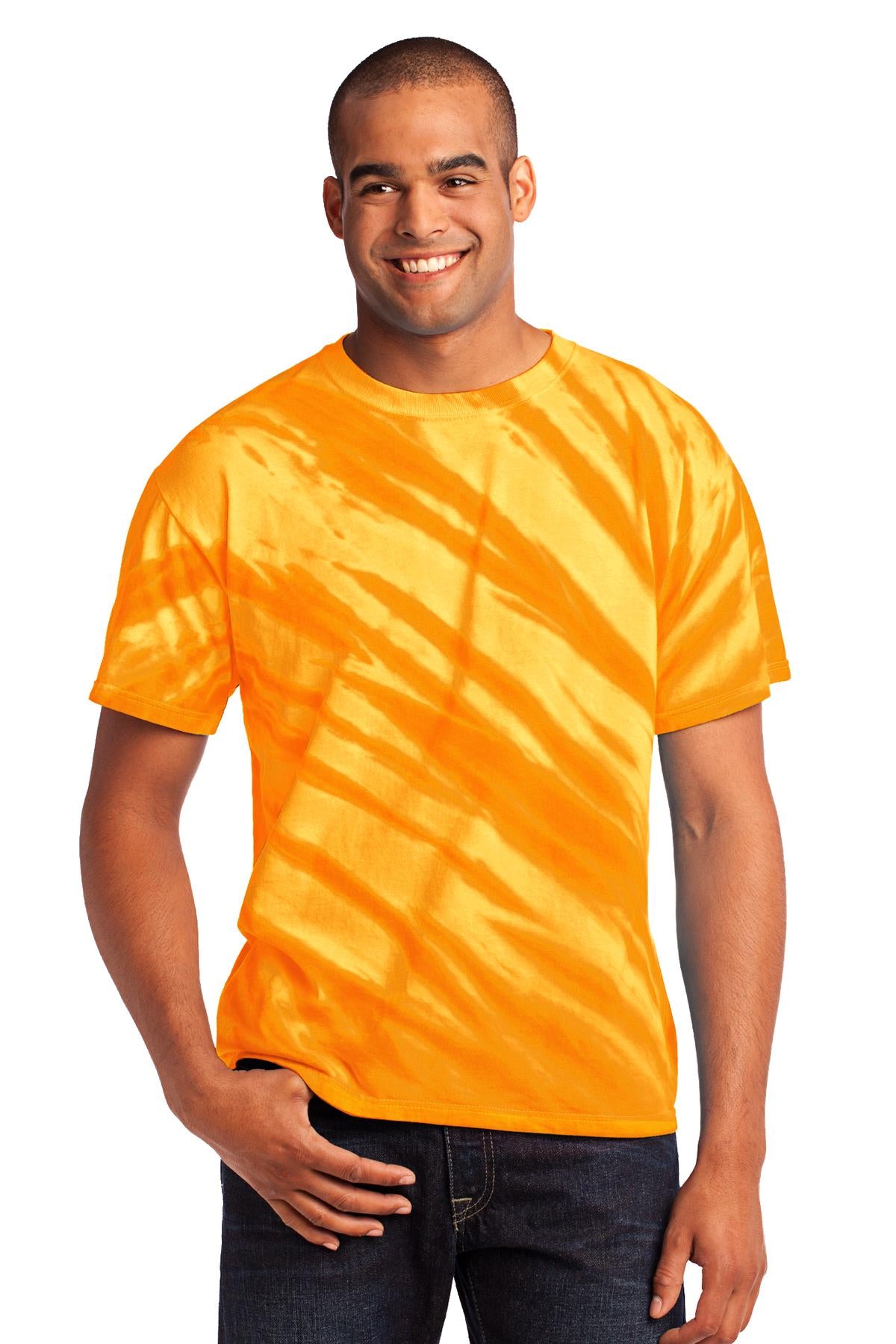 Front View of Gold Port & Company - Tiger Stripe Tie-Dye Tee. PC148