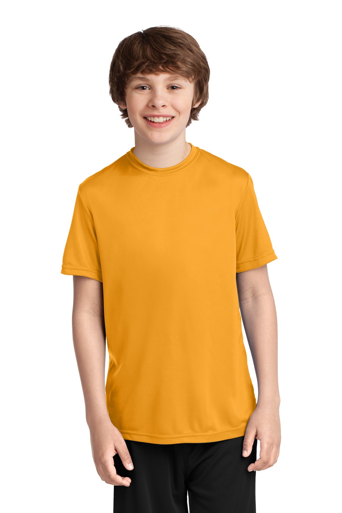 Front View of Gold Port & Company Youth Performance Tee. PC380Y