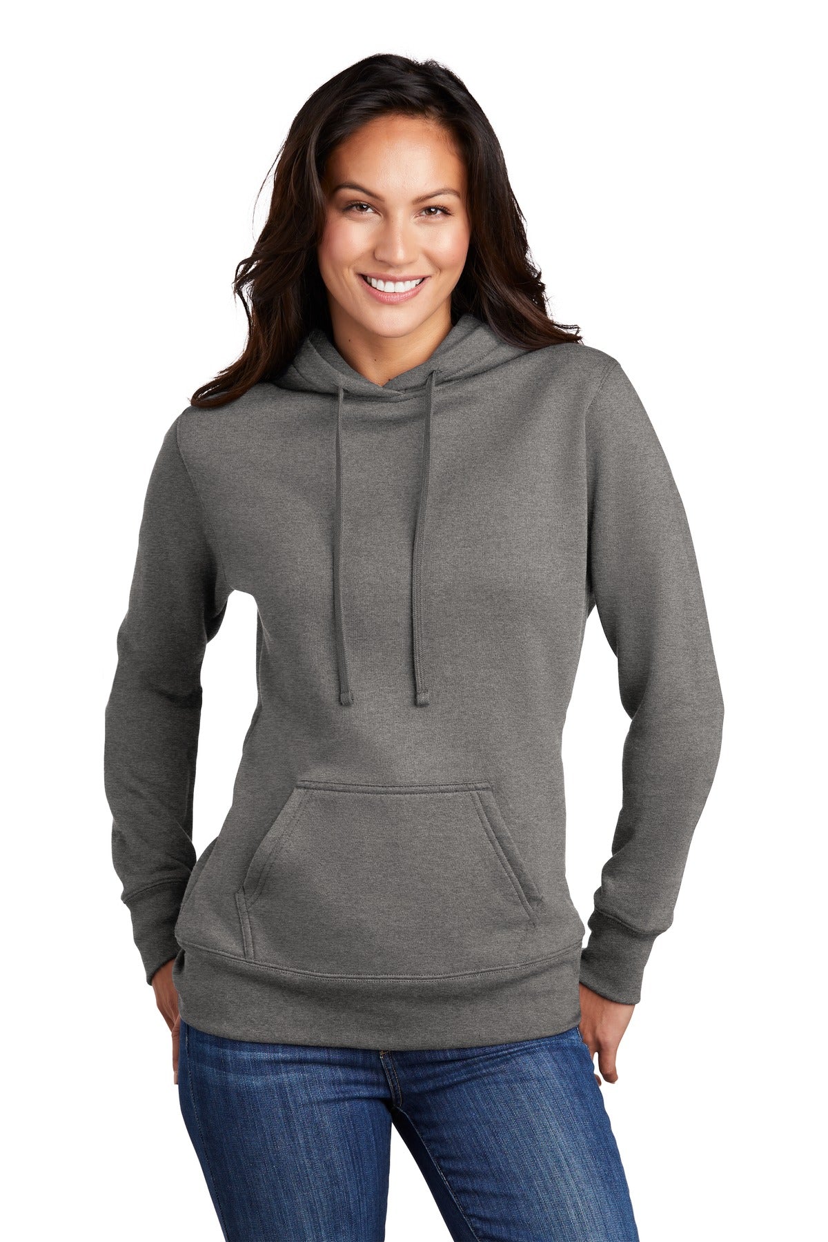 Front View of Graphite Hthr Port & Company Women's Core Fleece Pullover Hooded Sweatshirt LPC78H