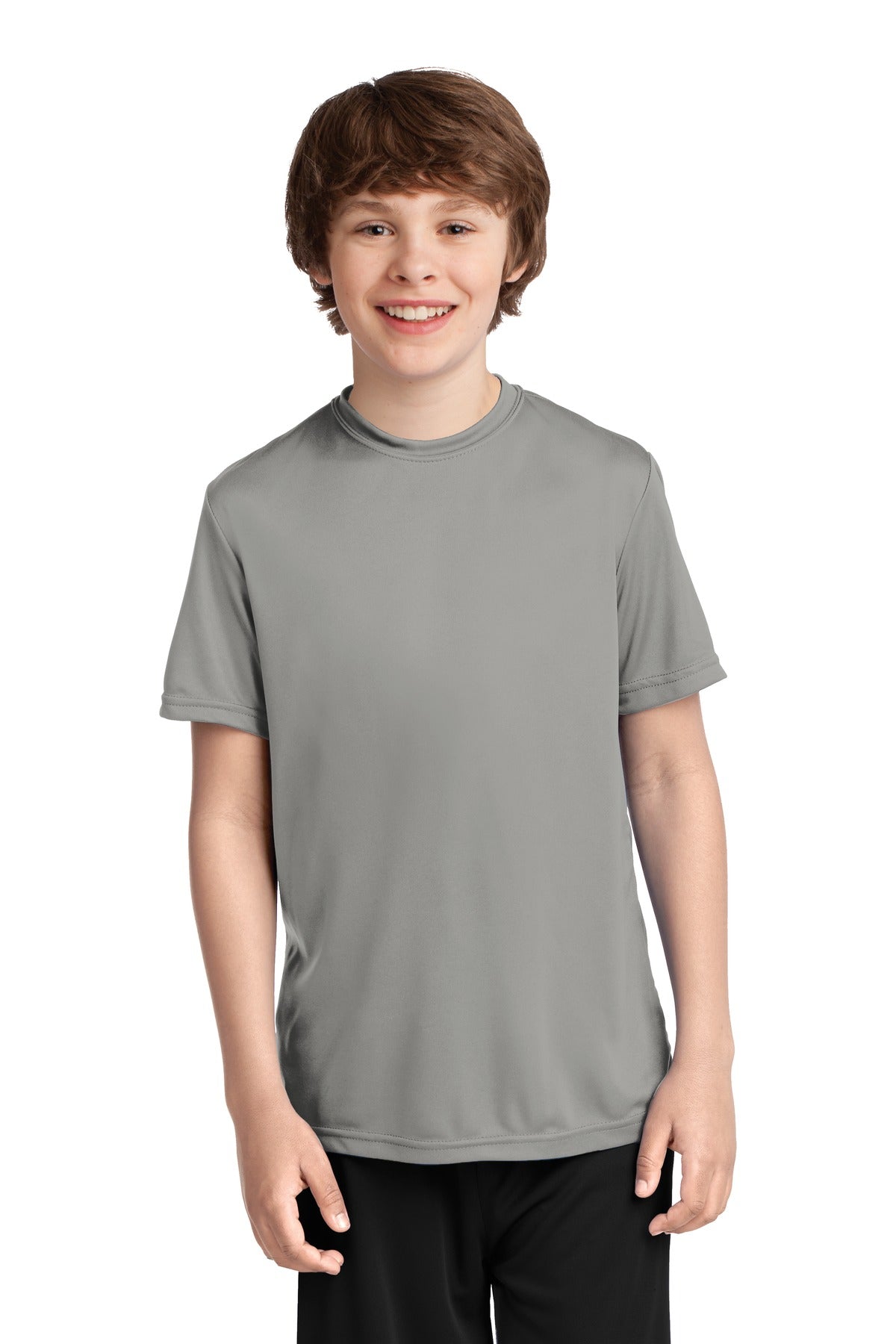 Front View of Grey Concrete Port & Company Youth Performance Tee. PC380Y