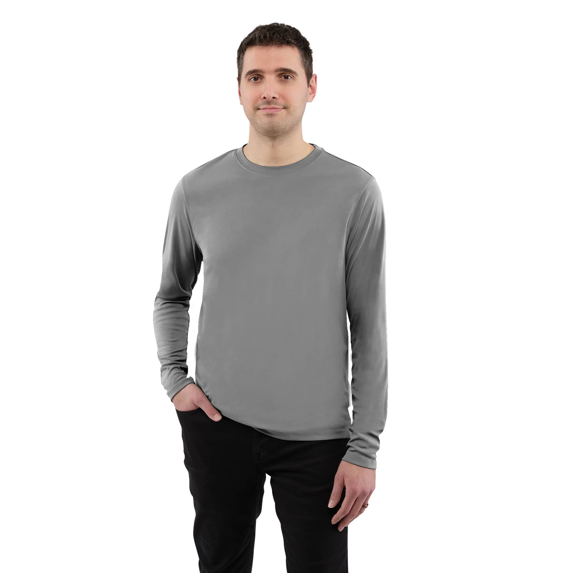 Front View of Grey DARA LS Tech Tee - Men's plain