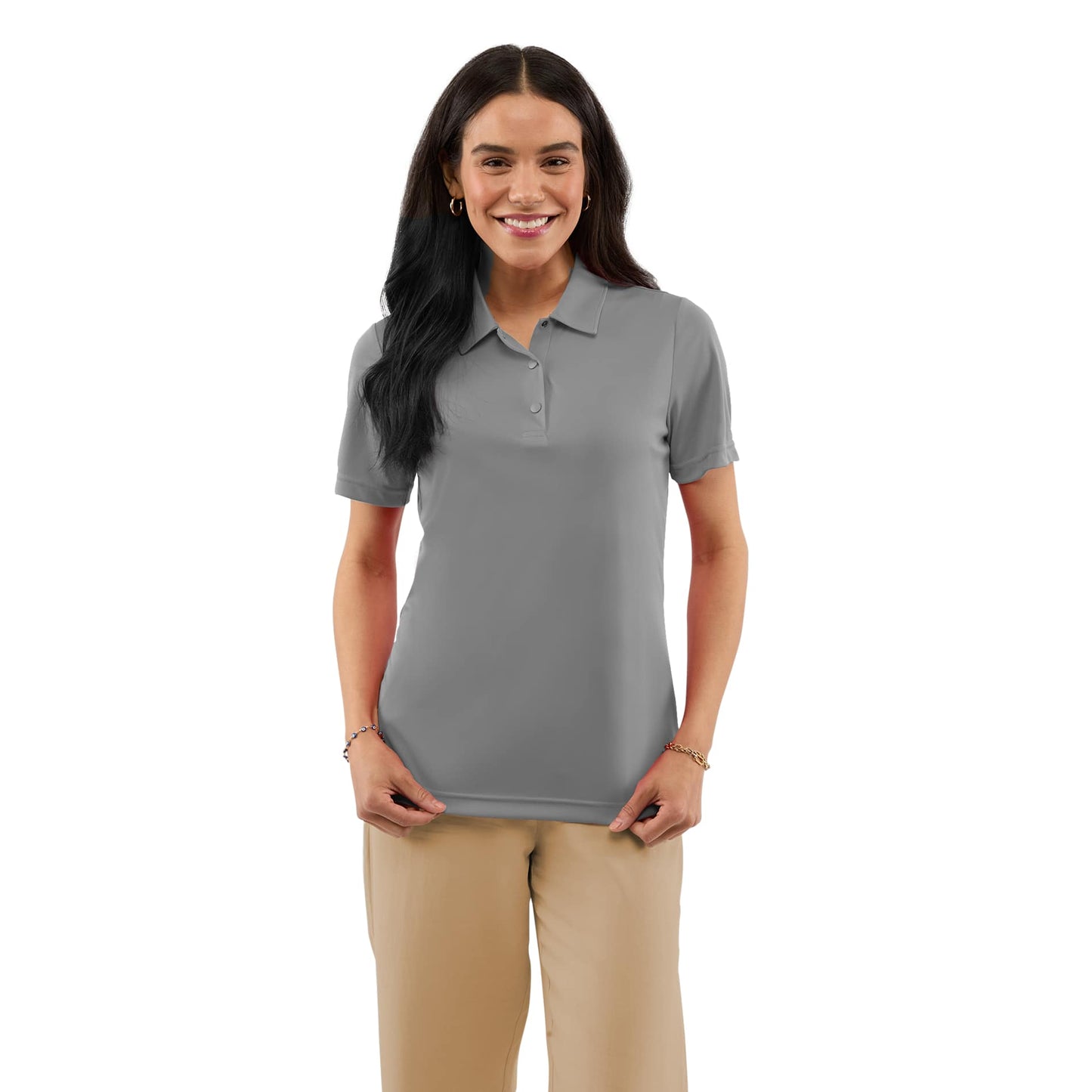 Front View of Grey DARA SS Polo - Women's plain