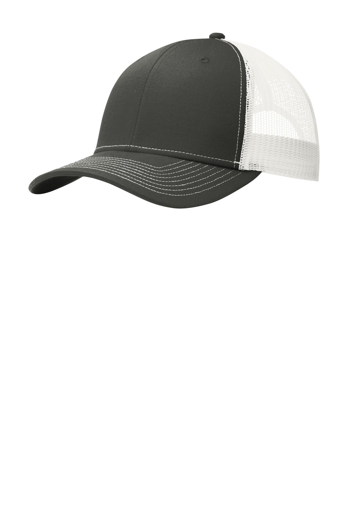 Front View of Grey Steel/Wht Port Authority Snapback Trucker Cap. C112